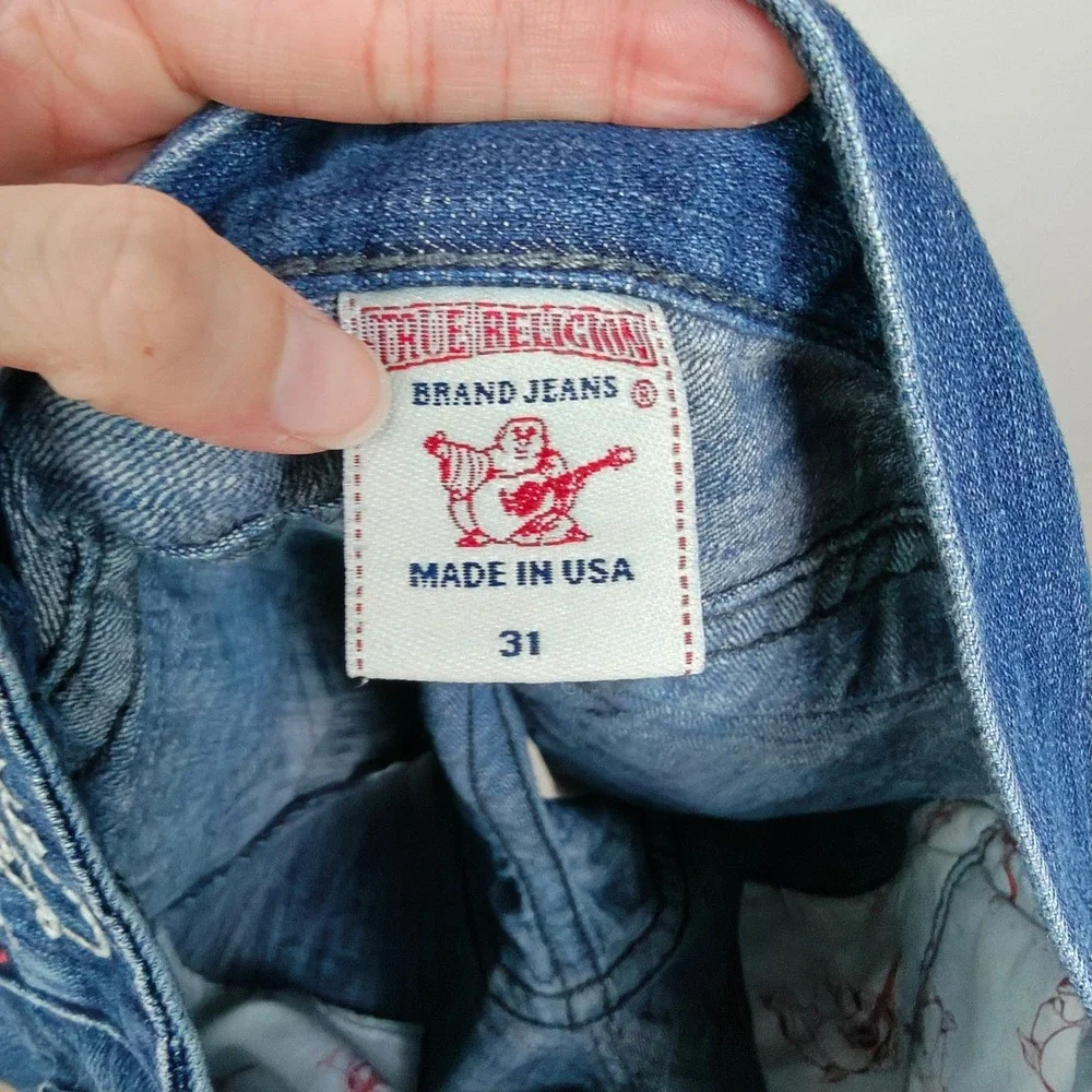 True Religion Billy Mens Shorts 31 Blue Leather Horseshoe Frayed Y2K Streetwear